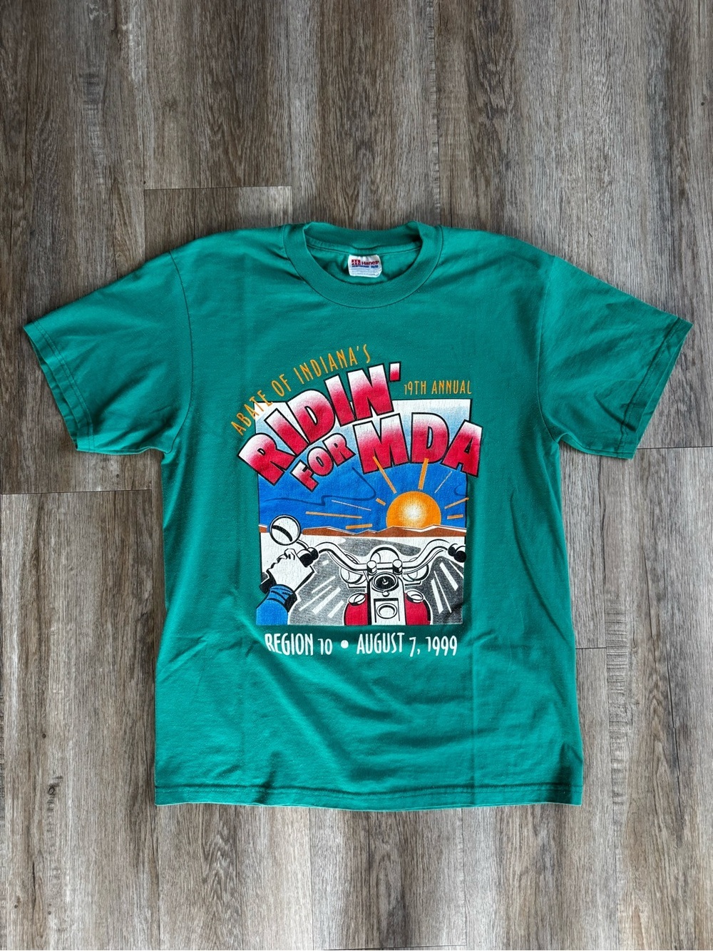 Vintage 90s Ridin' for MDA Indiana Motorcycle T-Shirt - Teal Green
